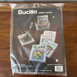 Bucilla Plastic Canvas Kit Seed Packet Coasters & Holder Set #6127 Vintage 1994